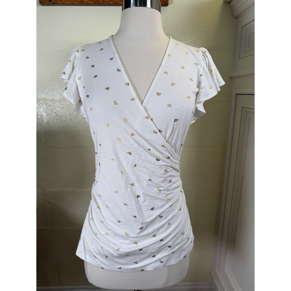 Boden White Gold Foil Spaced Bud Wrap Top Flutter Sleeve Jersey Women's US 4